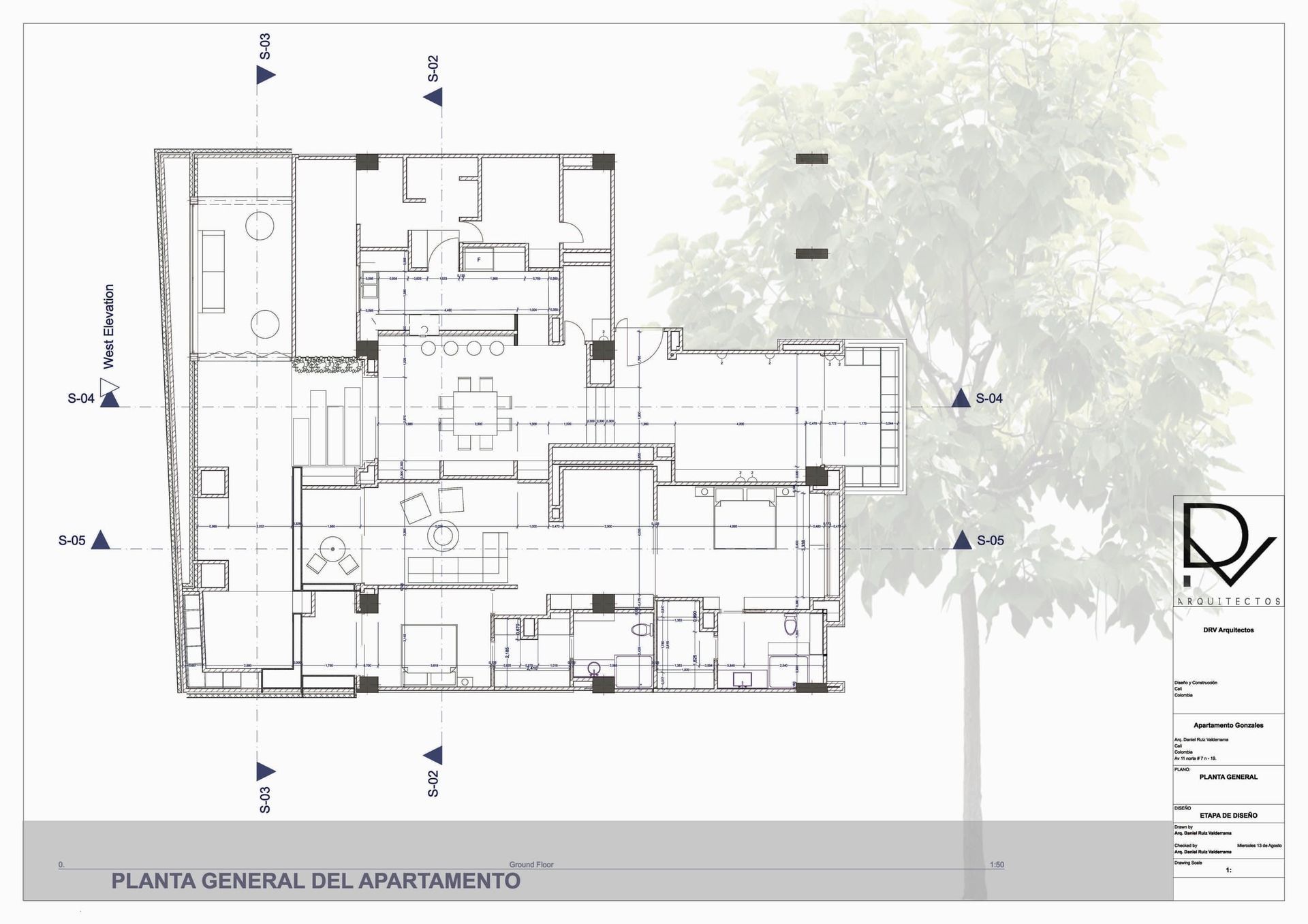 Un plano en blanco y negro de un edificio con un árbol al fondo.
