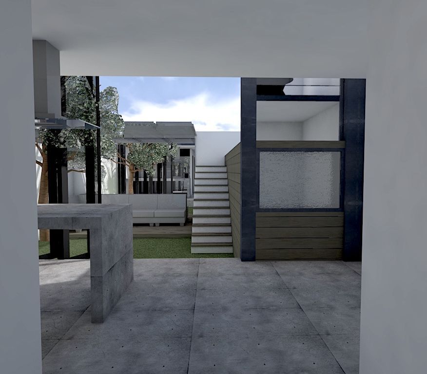 Impresión artística de una casa con escaleras que conducen a ella.