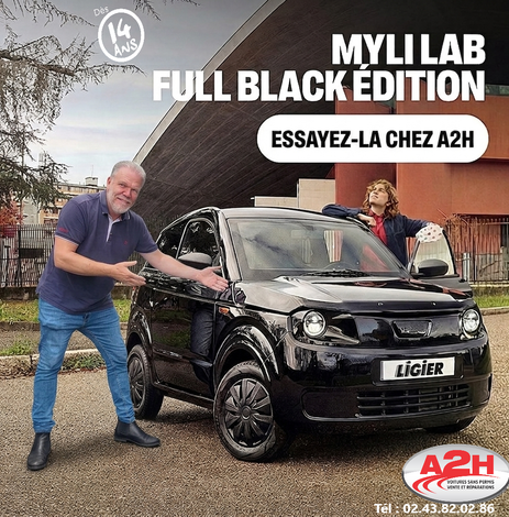 Affiche promotionnelle  d'une option offerte pour un microcar Mily éléctrique bleu et rouge