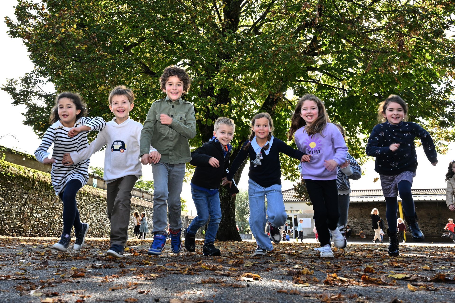 Groupe d’enfants courant ensemble dans une cour extérieure, sous un grand arbre en arrière-plan