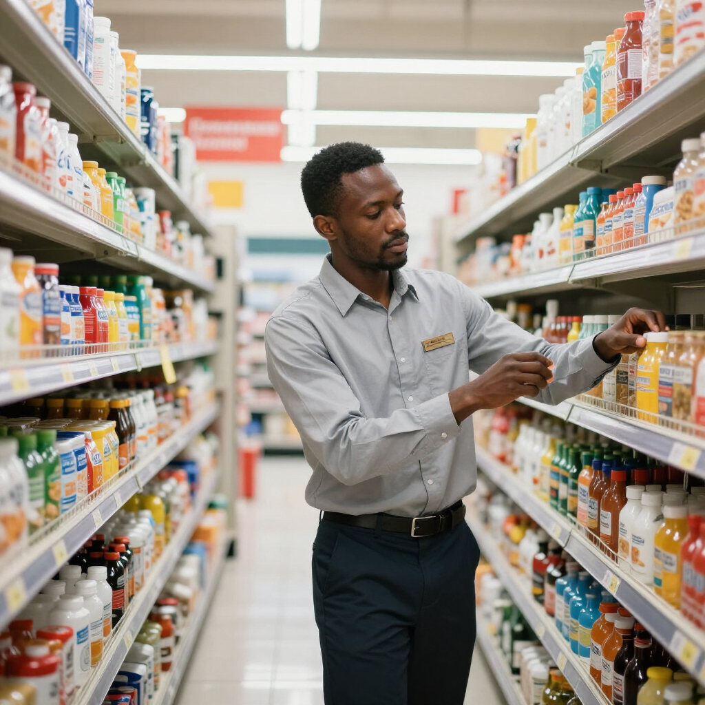 Un employé réapprovisionne les rayons d'un supermarché en bouteilles, vérifiant les étiquettes sur la bonne étagère.