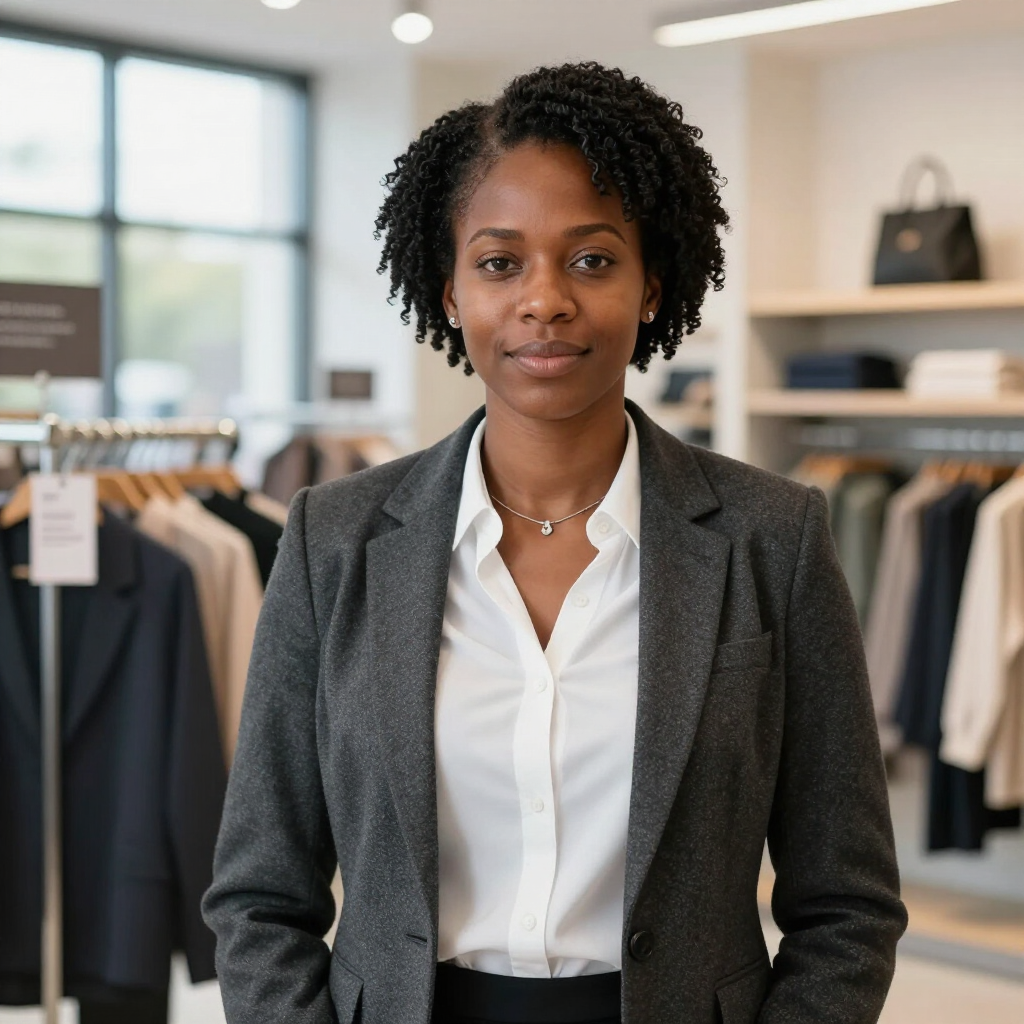 Une femme se tient debout dans un magasin de vêtements, vêtue d'un blazer gris et d'un chemisier blanc, avec un léger sourire.