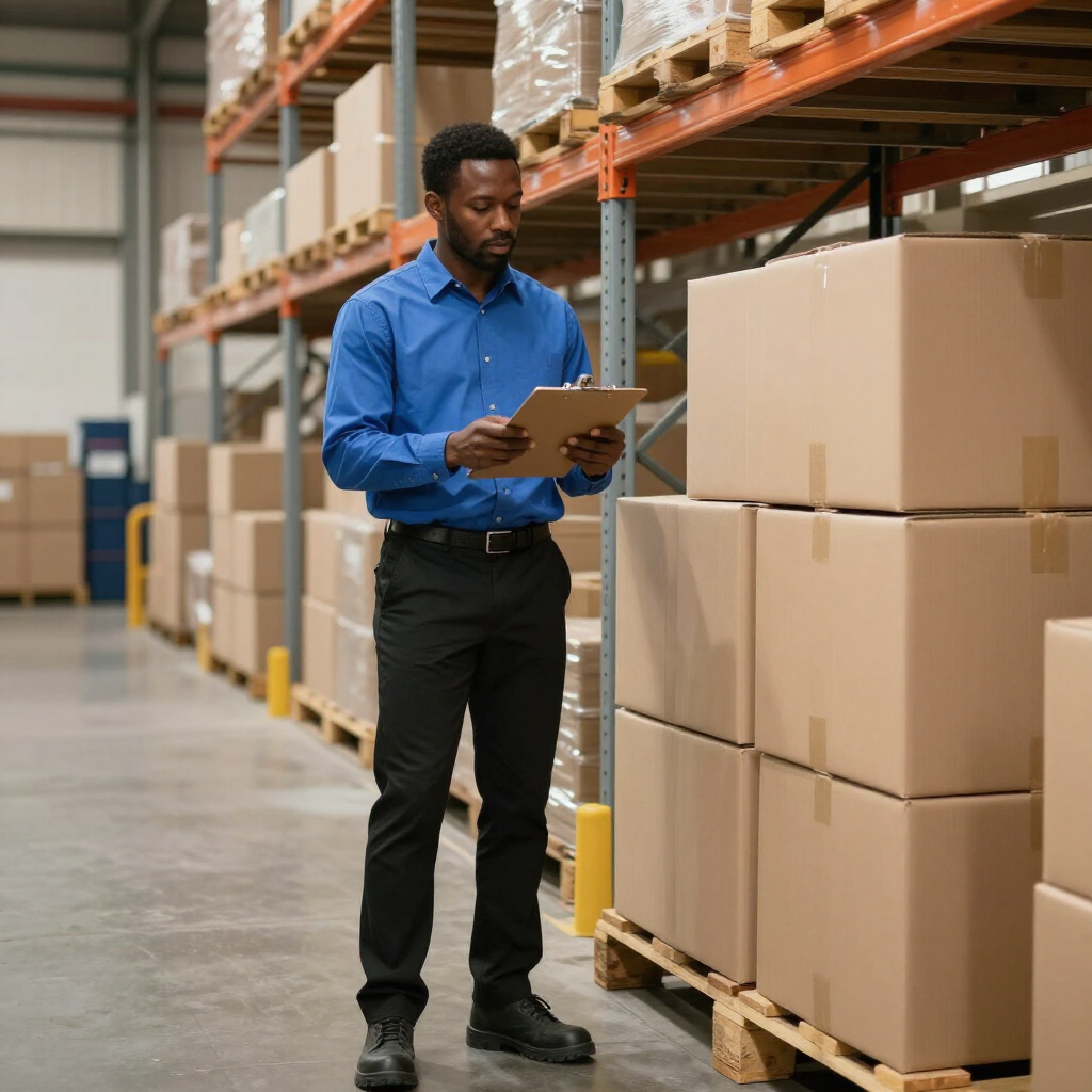 Un employé d'entrepôt consulte un bloc-notes à côté de cartons empilés sur des palettes.