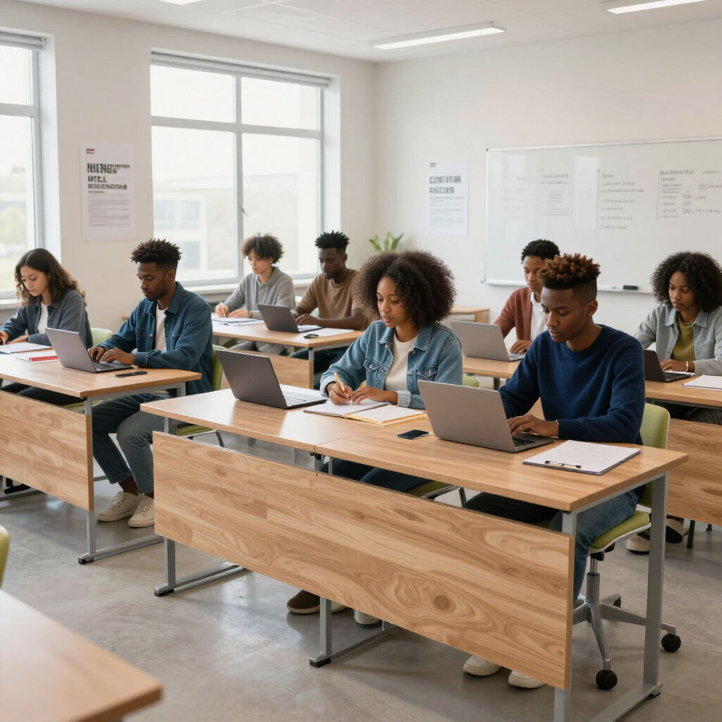Des élèves travaillent sur des ordinateurs portables dans une salle de classe lumineuse avec des tables en bois et des tableaux blancs.