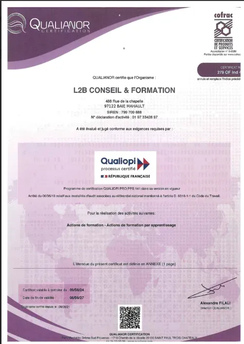 Attestation de certification Qualianor.