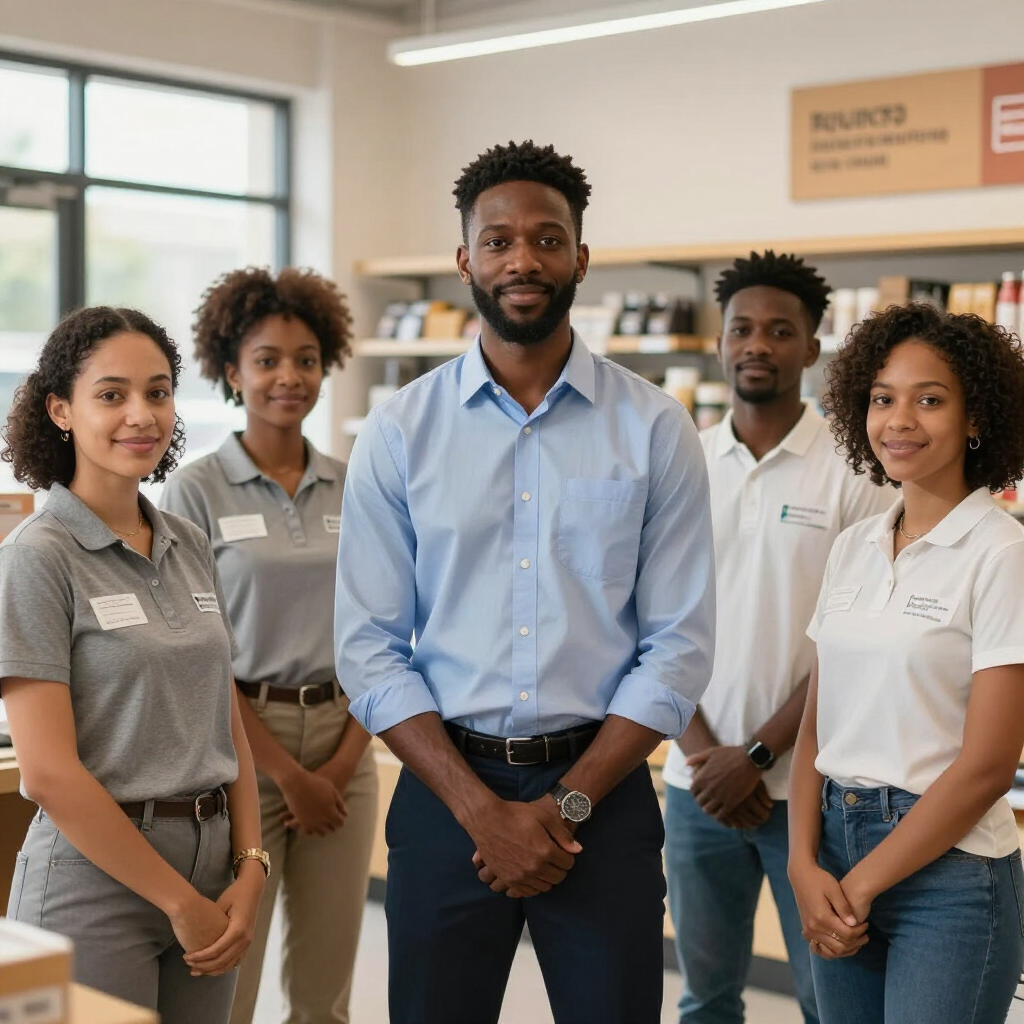 Cinq employés d'un magasin, debout ensemble et face à la caméra.