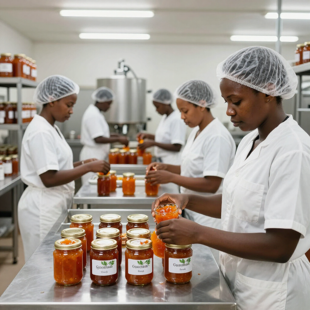 Dans une salle de transformation alimentaire, des ouvriers étiquettent des pots de confiture d'oranges sur une table en acier inoxydable.