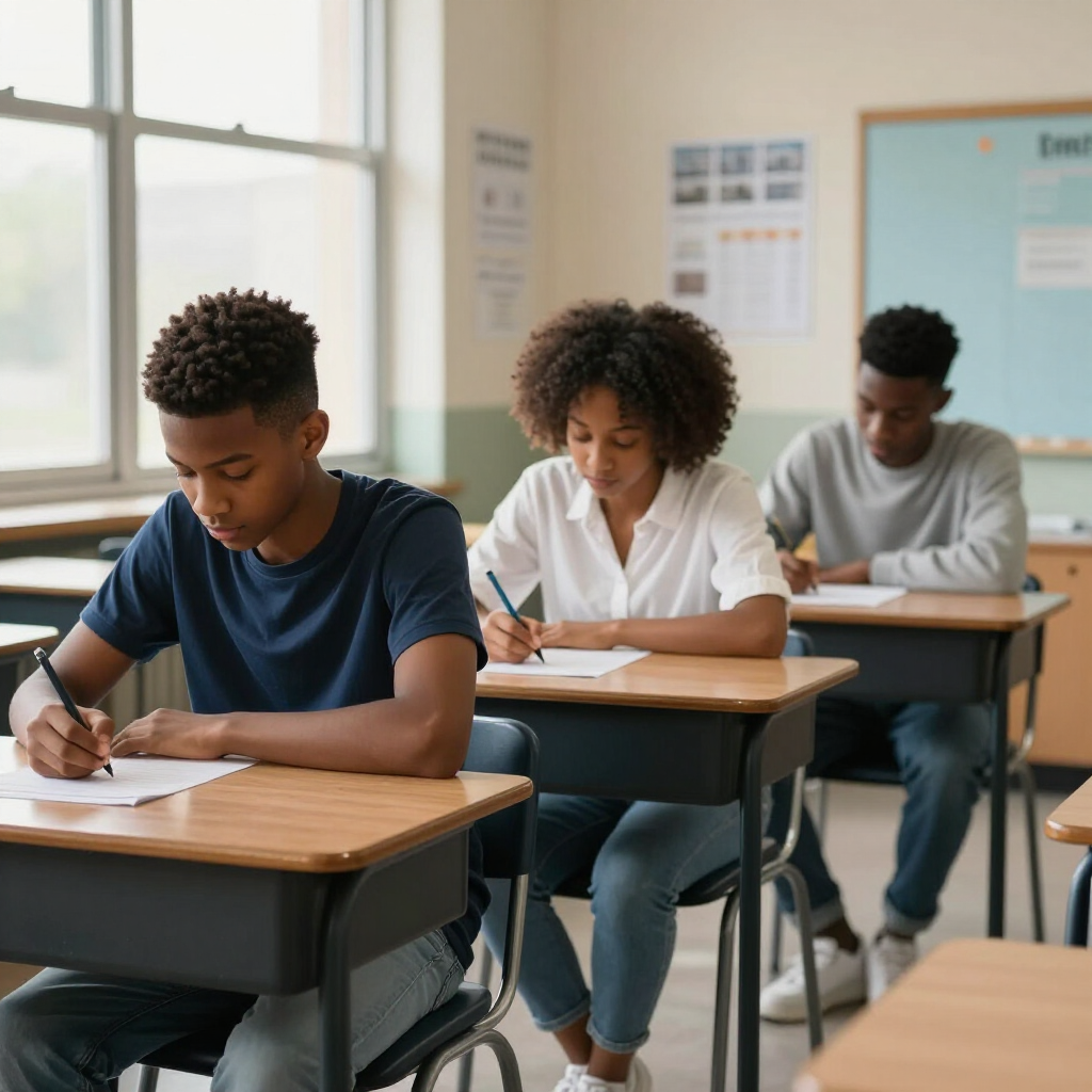 Des étudiants passent un examen écrit dans une salle de classe, assis à des bureaux individuels et écrivant en silence.