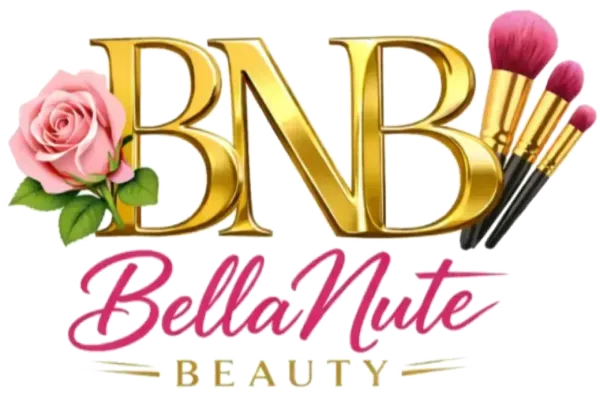 Logotipo de BNB BellaNute Beauty con una rosa rosa y brochas de maquillaje sobre un fondo blanco