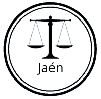 Un logotipo en blanco y negro con una balanza de la justicia en un círculo.