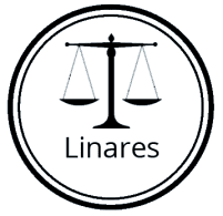Un logotipo en blanco y negro con una balanza de la justicia en un círculo.