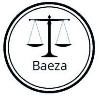 Un logotipo en blanco y negro con una balanza de la justicia en un círculo.