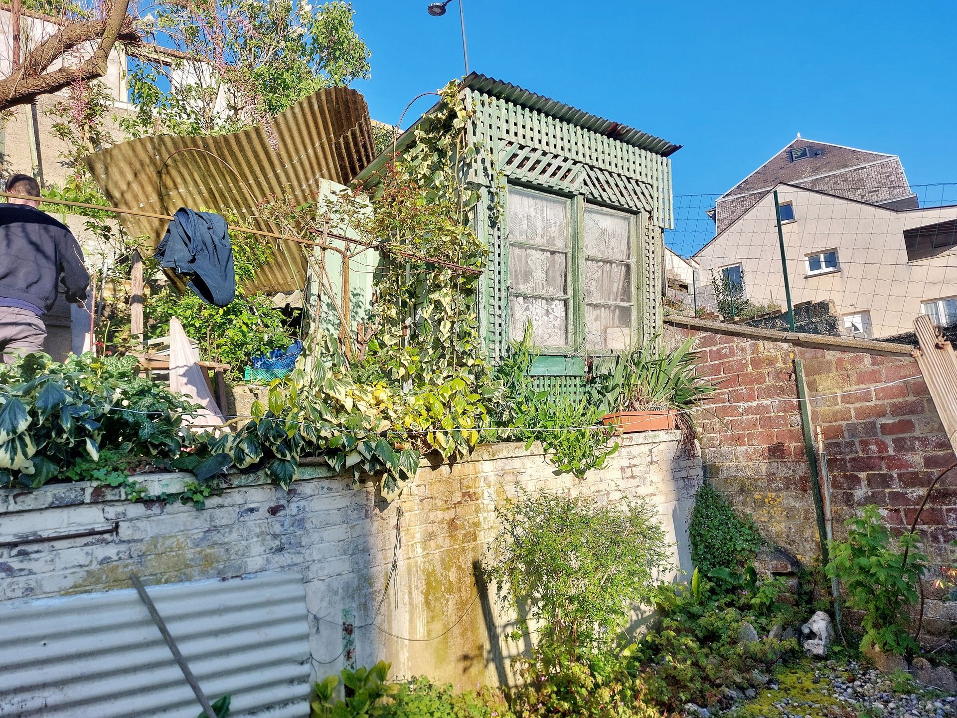 Un jardin encombré par la végétation, les déchets et les vieux matériaux.