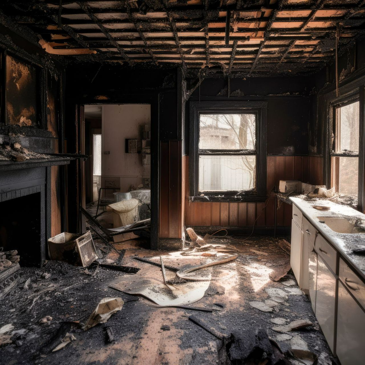 Une cuisine détruite et noircie par un incendie.
