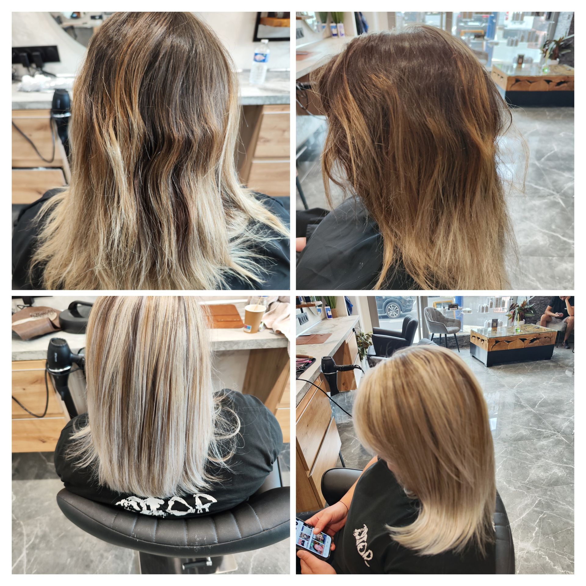 Transformation capillaire : avant et après une coloration de cheveux blonds en salon.