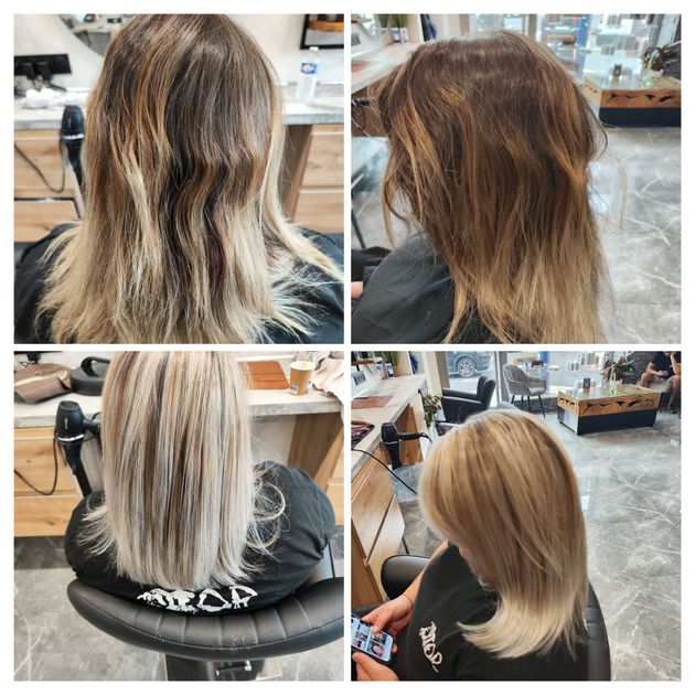 Transformation capillaire : avant et après une coloration de cheveux blonds en salon.