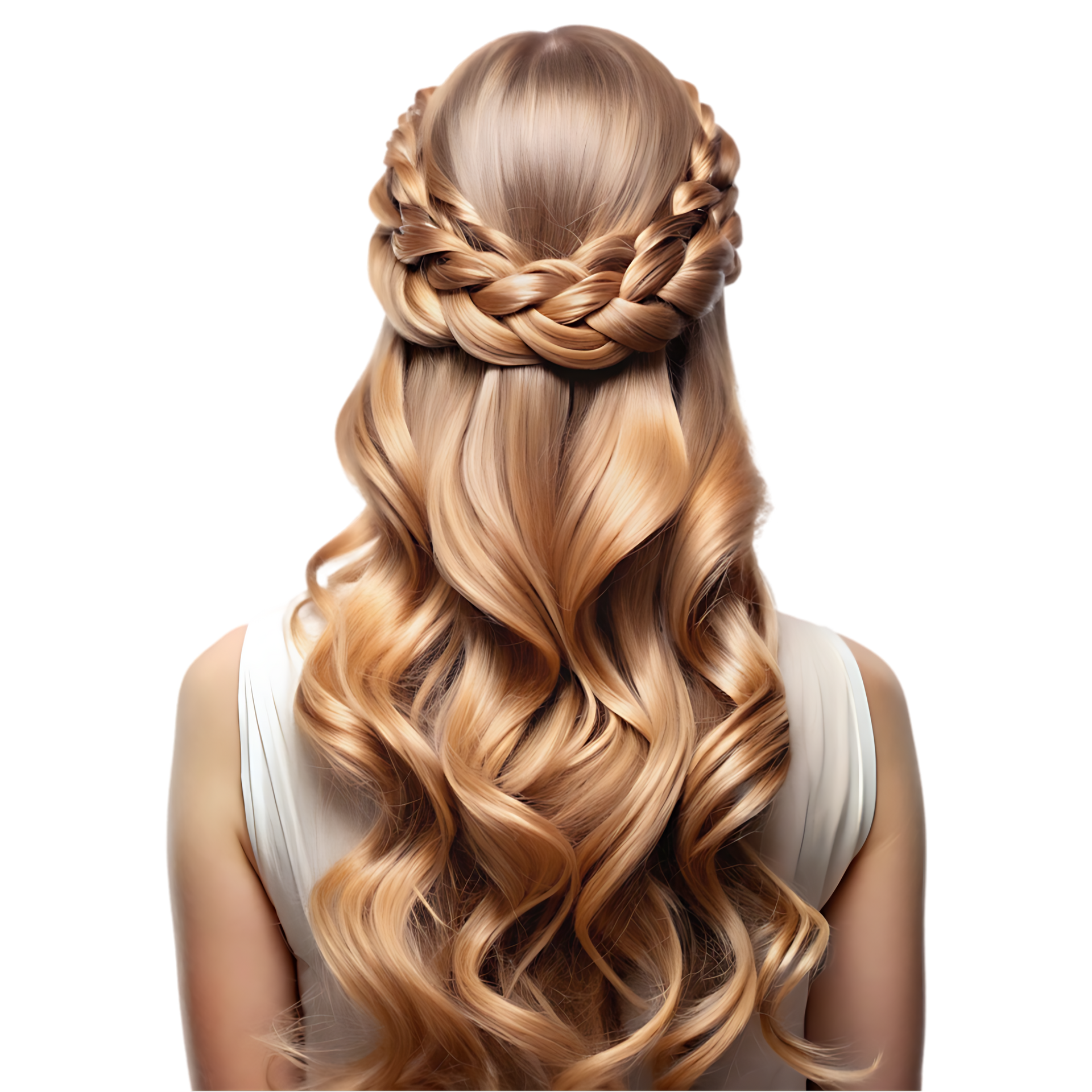 Femme aux cheveux blonds longs et ondulés ; coiffure couronne tressée.