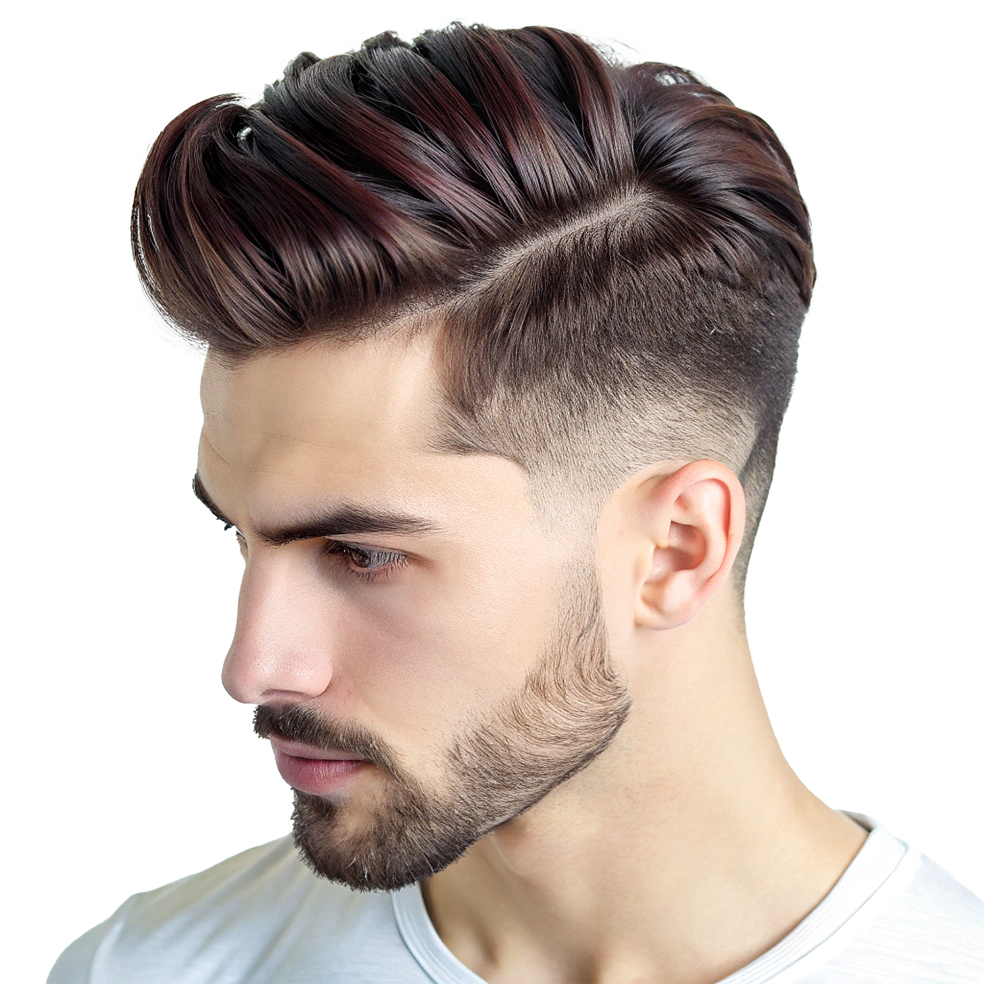 Homme avec une coiffure à raie sur le côté, dégradé sur les côtés et barbe ; cheveux châtain foncé avec des reflets rouges.