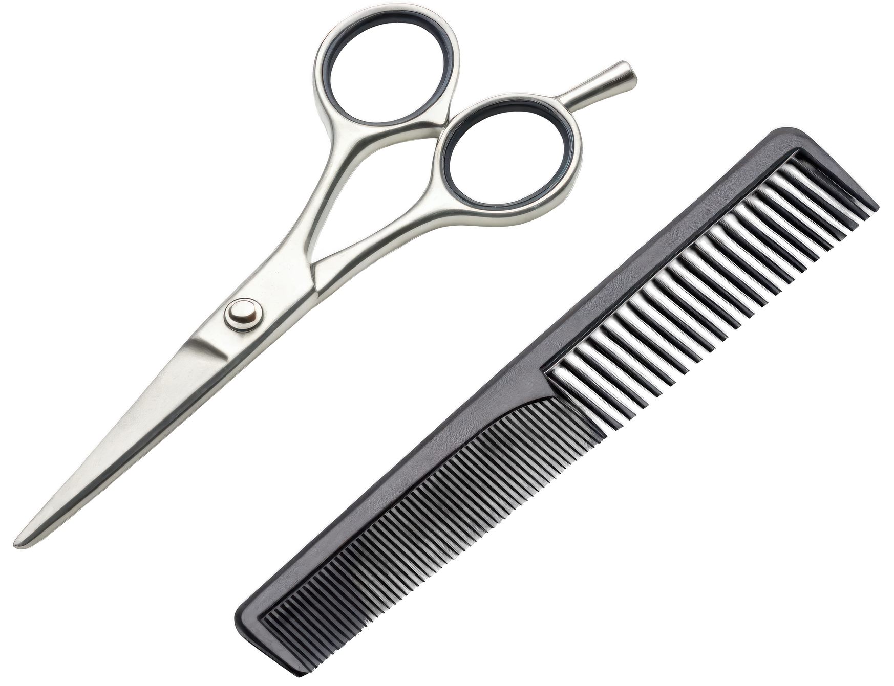 Ciseaux et peigne noir, outils de coiffure, inclinés sur une surface blanche.