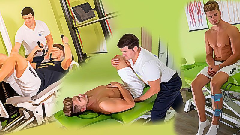Eine Gruppe von Männern erhält in einem Fitnessstudio Physiotherapie.