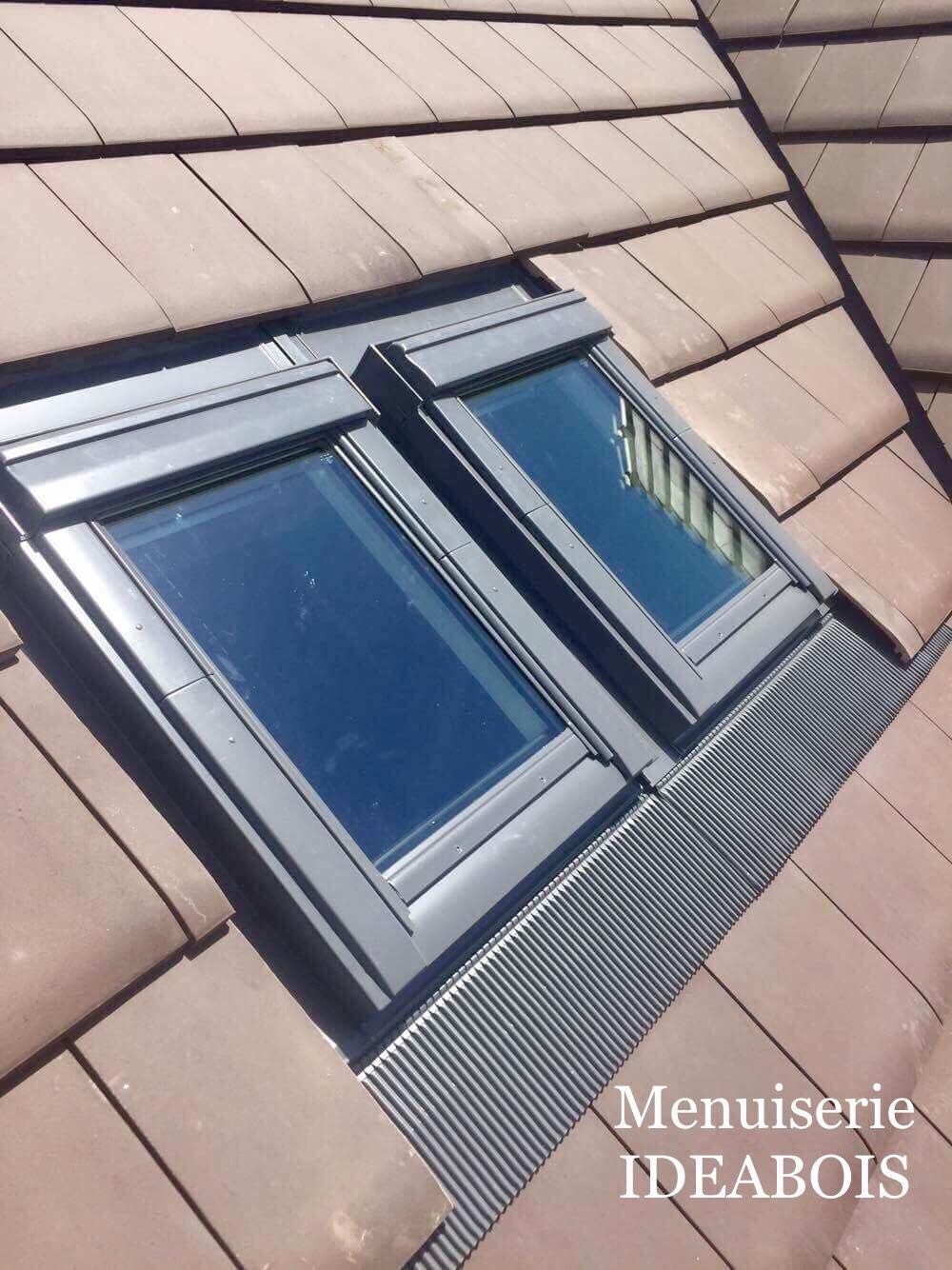 Deux puits de lumière à cadre sombre installés sur un toit de tuiles brunes.