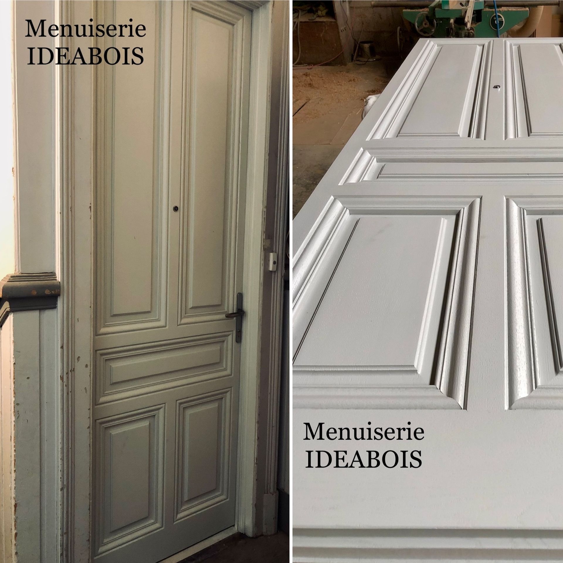 Deux portes à panneaux blancs, l'une installée, l'autre à plat.