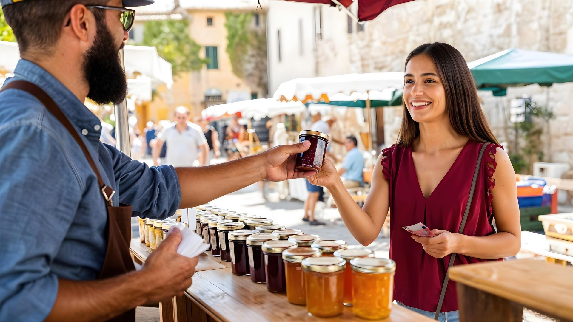 Un vendeur tend un pot de miel à une femme sur un marché en plein air ; de nombreux pots de miel sont posés sur la table.