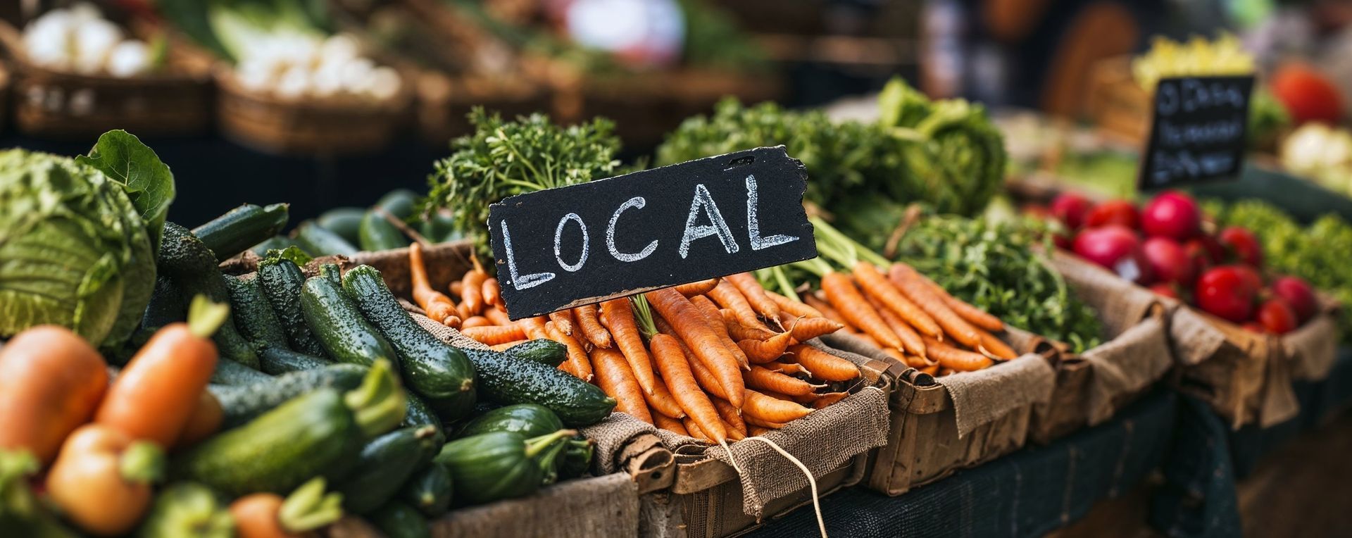 Des produits frais exposés sur un marché de producteurs locaux, notamment des carottes et des concombres.