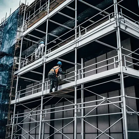 Obreros de la construcción en andamios en una obra en construcción; uno trepando, otro trabajando.