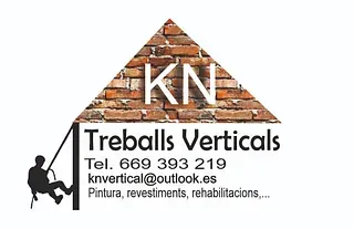 Logotipo de una empresa de trabajos verticales con un triángulo con textura de ladrillo y un trabajador en una cuerda, con información de contacto.