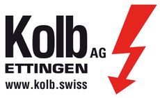 Logo der Kolb AG: Schwarzer Text „Kolb ETTINGEN“ und ein roter Blitz, Website-Adresse www.kolb.swiss.