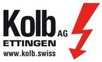 Logo der Kolb AG: Schwarzer Text „Kolb ETTINGEN“ und ein roter Blitz, Website-Adresse www.kolb.swiss.