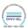 Logo, jossa sininen pyöreä sinetti, jossa lukee ”Johtamisjärjestelmän sertifiointi”, ISO 9001 ja ISO 14001.