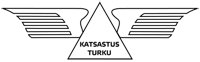 Mustavalkoinen Katsastus Turku -logo, jonka alla on tyylitelty siivekäs tunnus ja teksti
