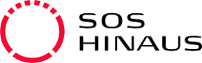 SOS HINAUS -logo, jossa on punainen pyöreä kuvake ja musta teksti valkoisella taustalla