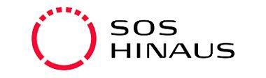 SOS HINAUS -logo, jossa on punainen pyöreä kuvake ja musta teksti valkoisella taustalla