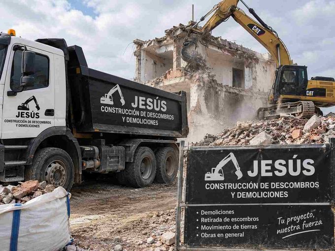 Obra de demolición con un camión de construcción JESÚS, una excavadora y escombros de un edificio parcialmente derribado