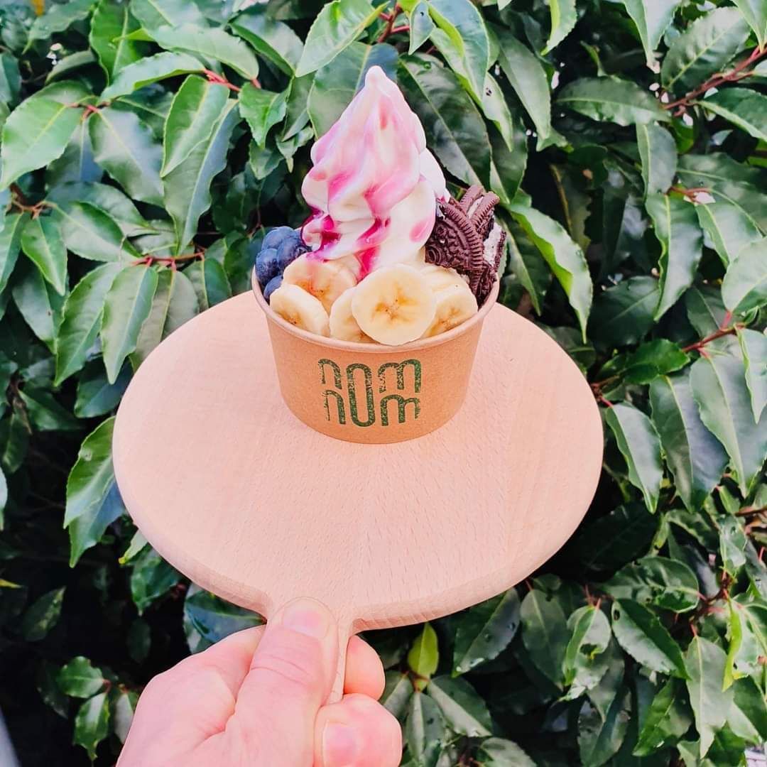 Een hand houdt een houten spatel vast met een bakje softijs, gegarneerd met fruit en koekjes, tegen een achtergrond van groen gebladerte.