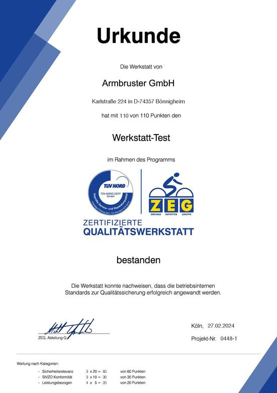 Zertifikat Werkstatt-Test | Armbruster GmbH