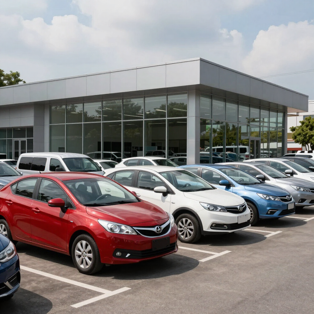 Concesionario de automóviles con filas de coches aparcados frente a una sala de exposición acristalada.