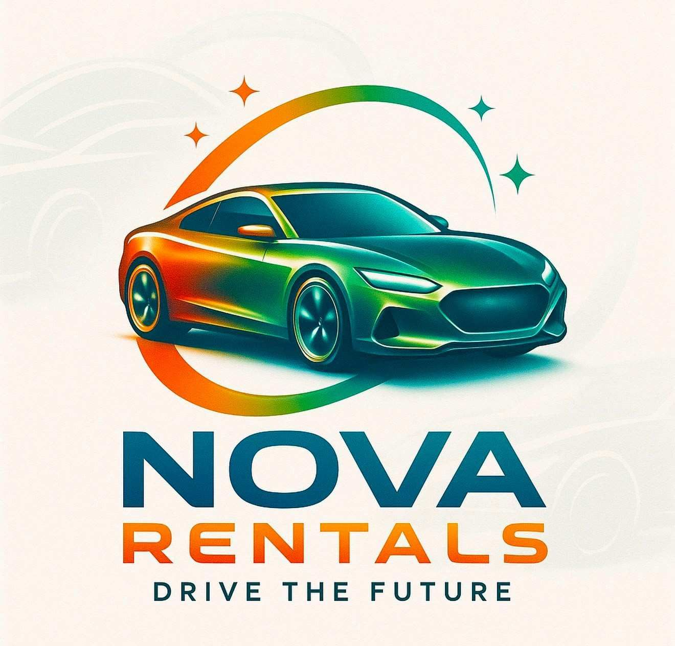 Logotipo de NOVA Rentals con un elegante coche deportivo verde anaranjado y el eslogan “Conduce el futuro”.