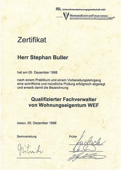 Zertifikat Stephan Buller: Qualifizierter Fachverwalter von Wohnungseigentum WEF
