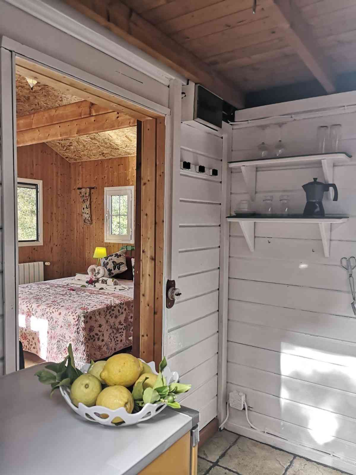 Vista de un dormitorio desde un área exterior cubierta; limones en un recipiente, paredes blancas, techo de madera.