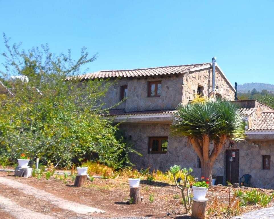 Casa de piedra con techo de tejas, árboles y flores en un día soleado.