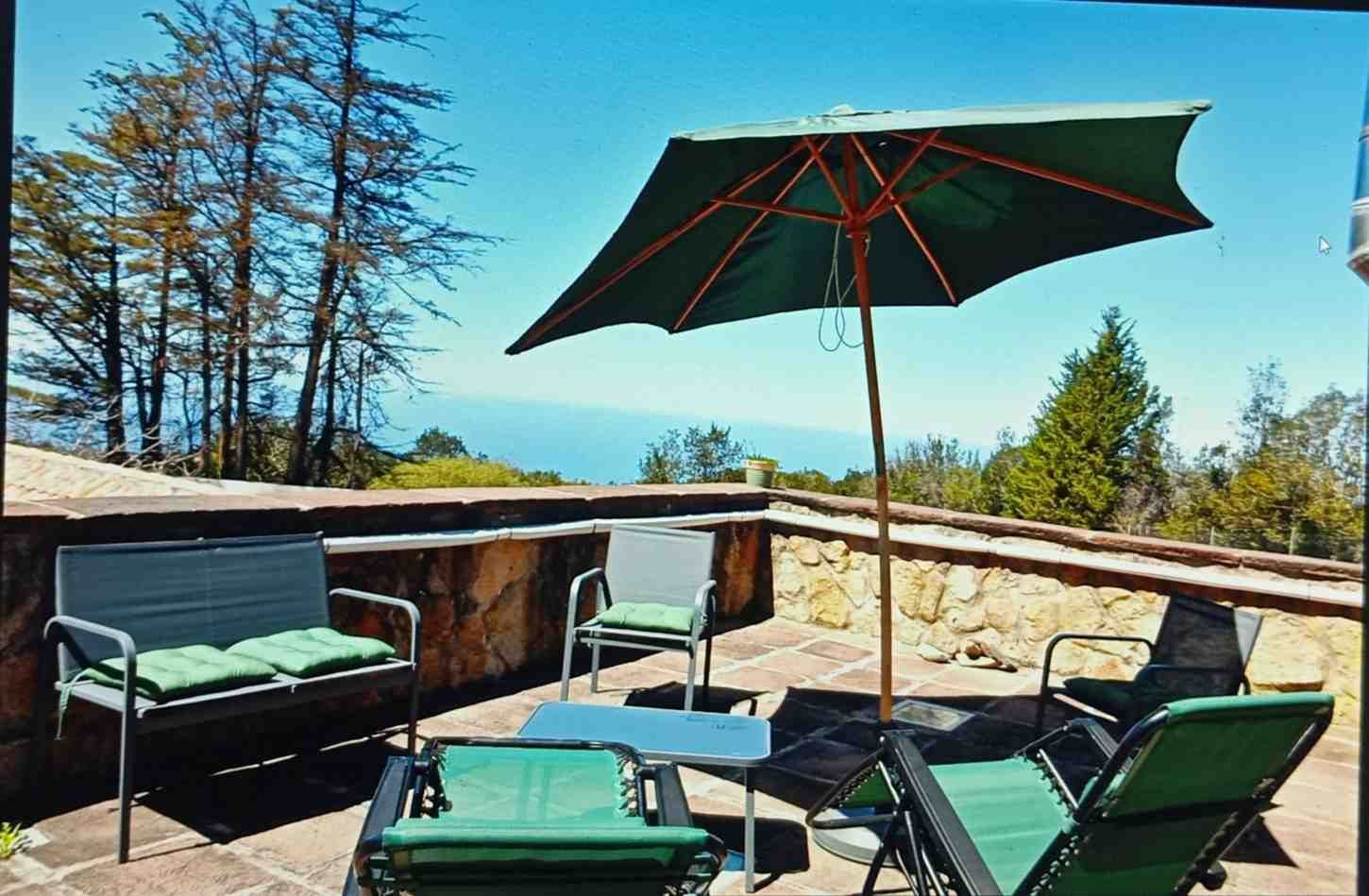 Patio al aire libre con sombrilla verde, sillas, mesa pequeña, muro de piedra y árboles contra un cielo azul.