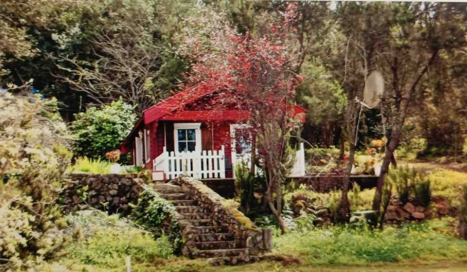 Cabaña con techo rojo, cerca de estacas blancas, escalones y antena parabólica en un entorno boscoso.