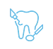 Un dibujo lineal azul de un diente con un par de tijeras.