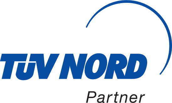 Ein blau-weißes Logo für den TÜV Nord Partner