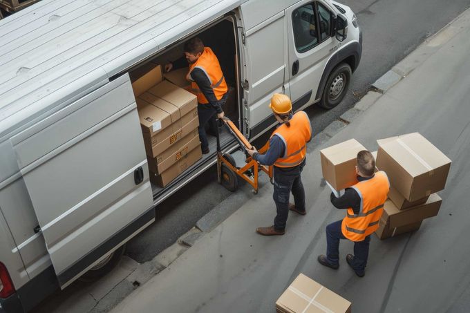 Un grupo de hombres está cargando cajas en una camioneta.