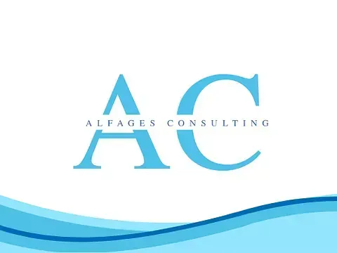 Logotipo para Alfages Consulting: “AC” azul claro con el nombre de la empresa, sobre un diseño de ondas azules.